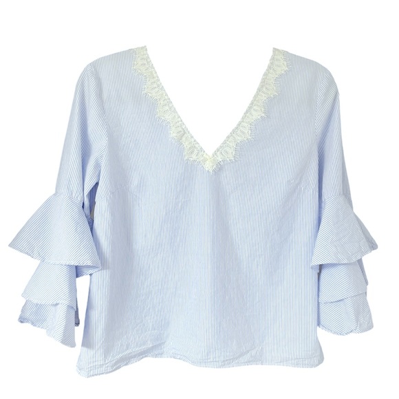 MM by Me Michelle Lace Collar V-neck Low Back Bell Sleeve Women’s Blouse - Picture 1 of 6